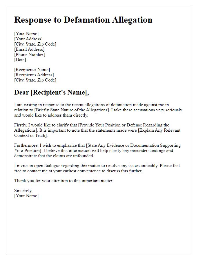 Letter template of defamation allegation response advice.