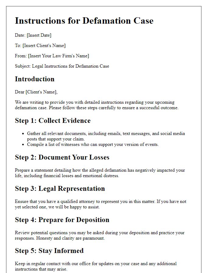 Letter template of defamation case legal instructions.