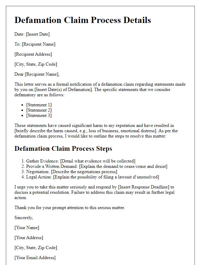 Letter template of defamation claim process details.