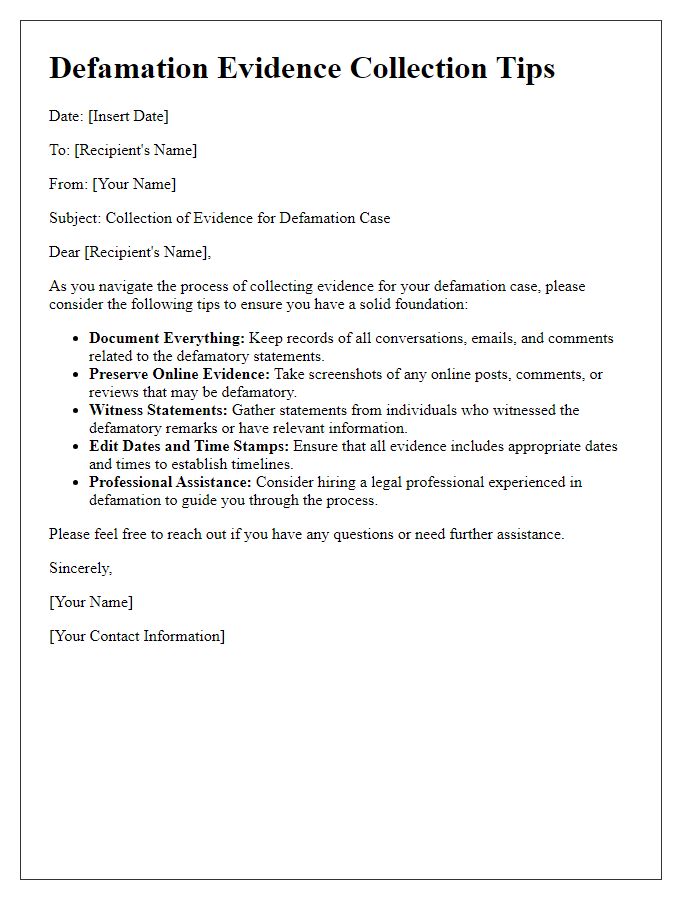 Letter template of defamation evidence collection tips.