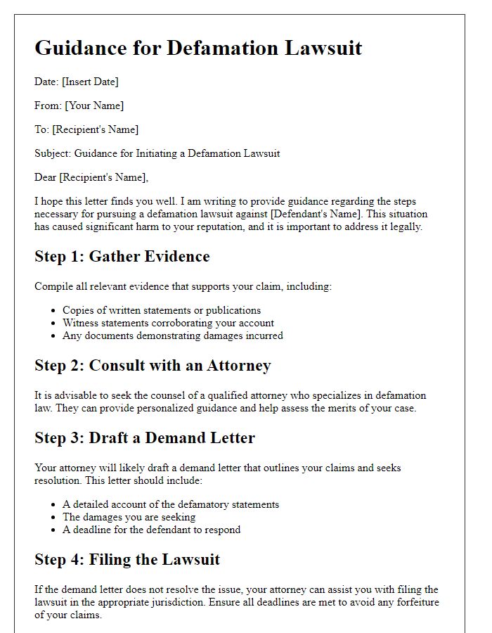 Letter template of defamation lawsuit guidance.