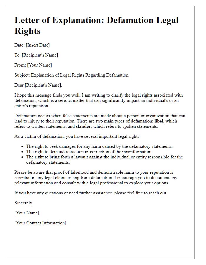 Letter template of defamation legal rights explanation.