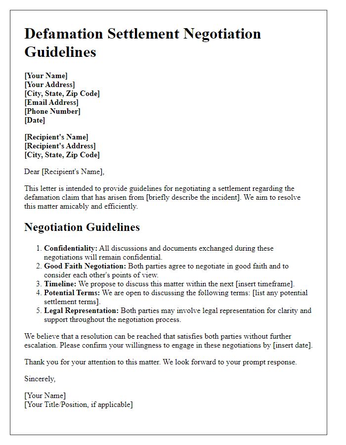 Letter template of defamation settlement negotiation guidelines.