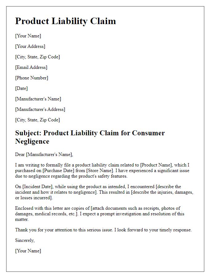 Letter template of product liability claim for consumer negligence.