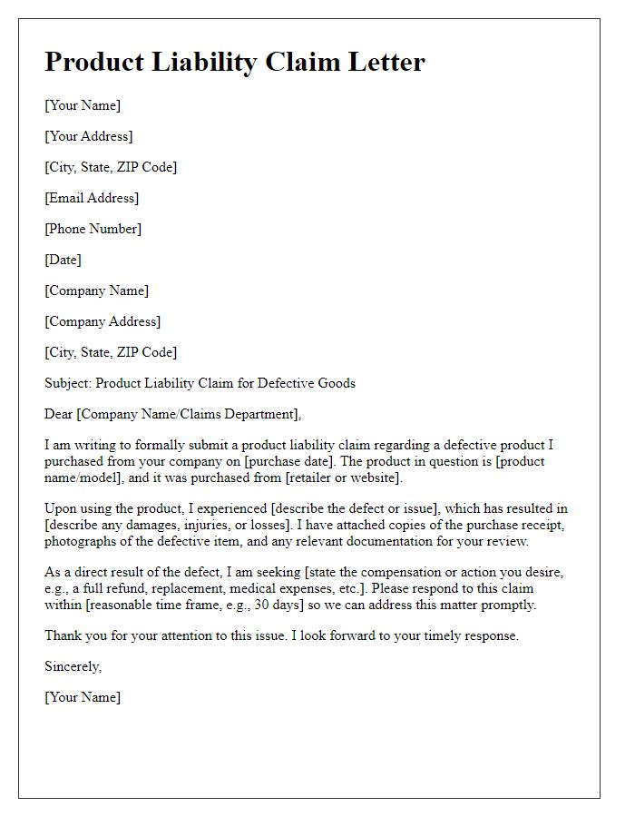 Letter template of product liability claim for defective goods.