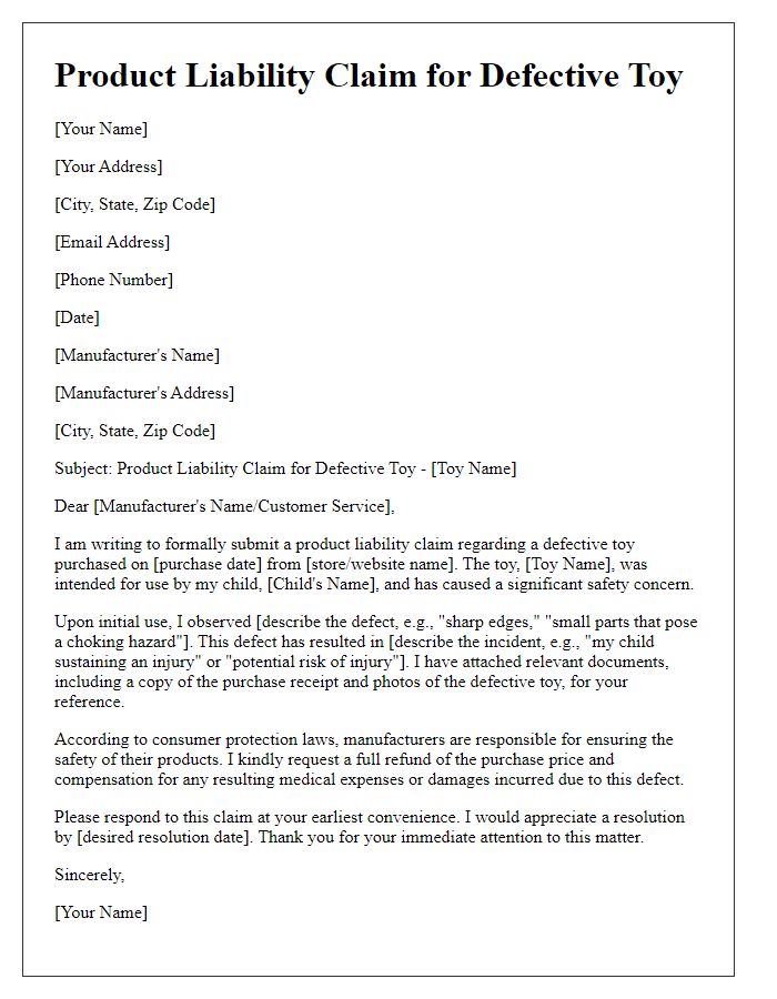 Letter template of product liability claim for defective toys.