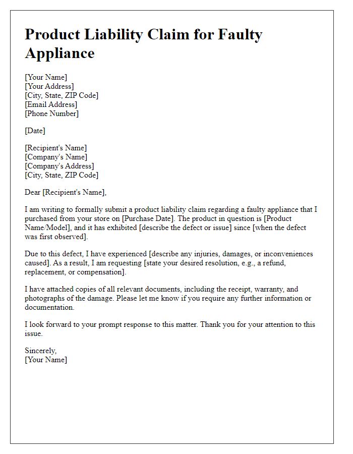 Letter template of product liability claim for faulty appliances.