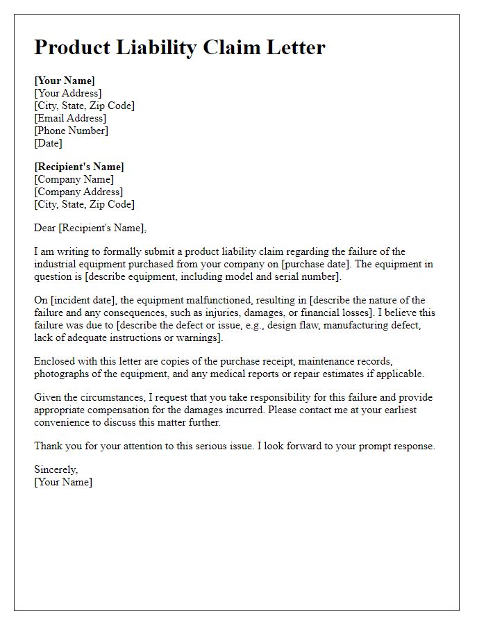 Letter template of product liability claim for industrial equipment failure.