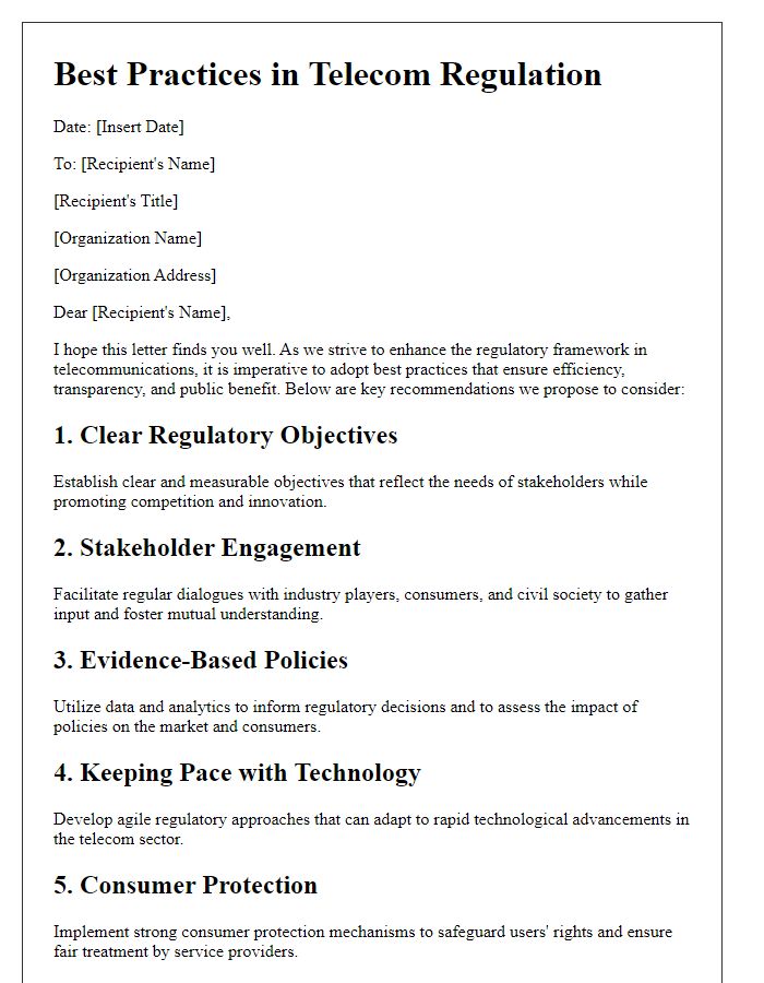 Letter template of best practices in telecom regulation