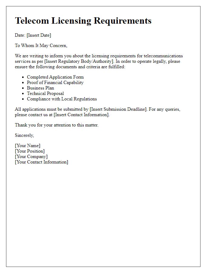 Letter template of telecom licensing requirements