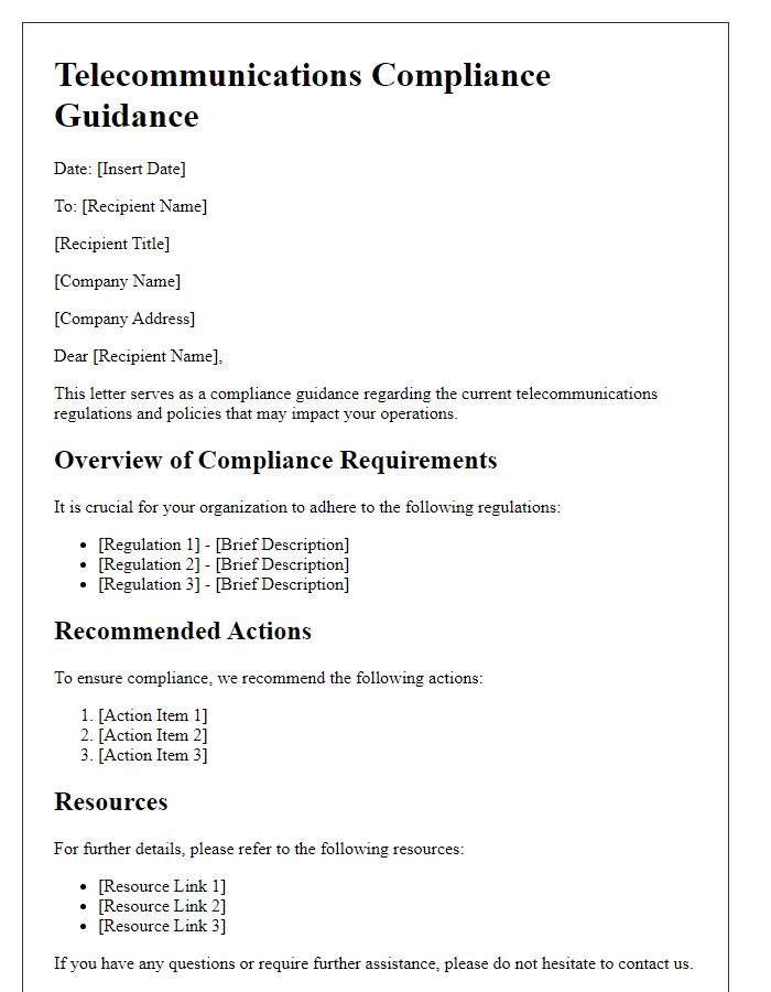 Letter template of telecommunications compliance guidance