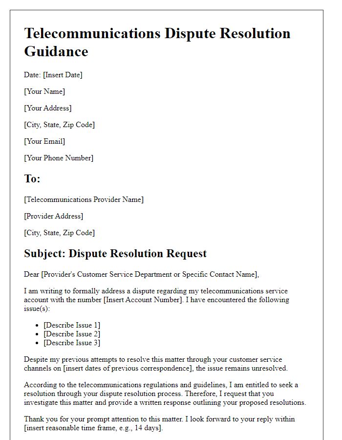 Letter template of telecommunications dispute resolution guidance