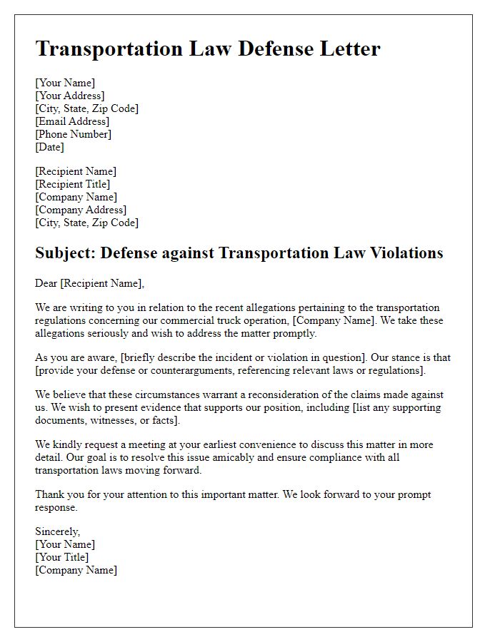 Letter template of transportation law defense for commercial truck operators