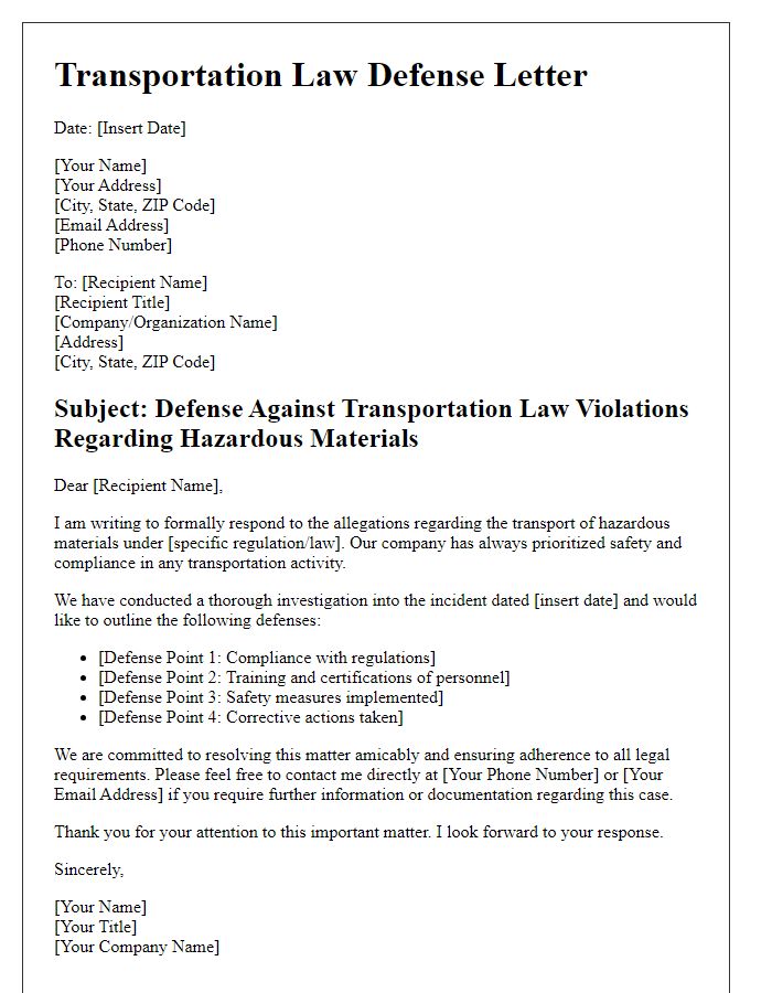 Letter template of transportation law defense for hazardous materials transport