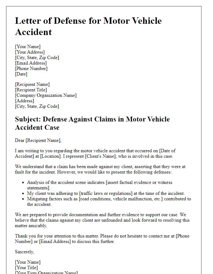 Letter template of transportation law defense for motor vehicle accidents