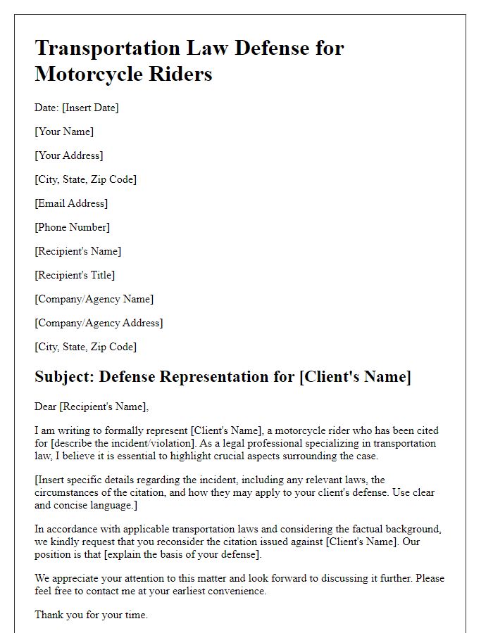 Letter template of transportation law defense for motorcycle riders