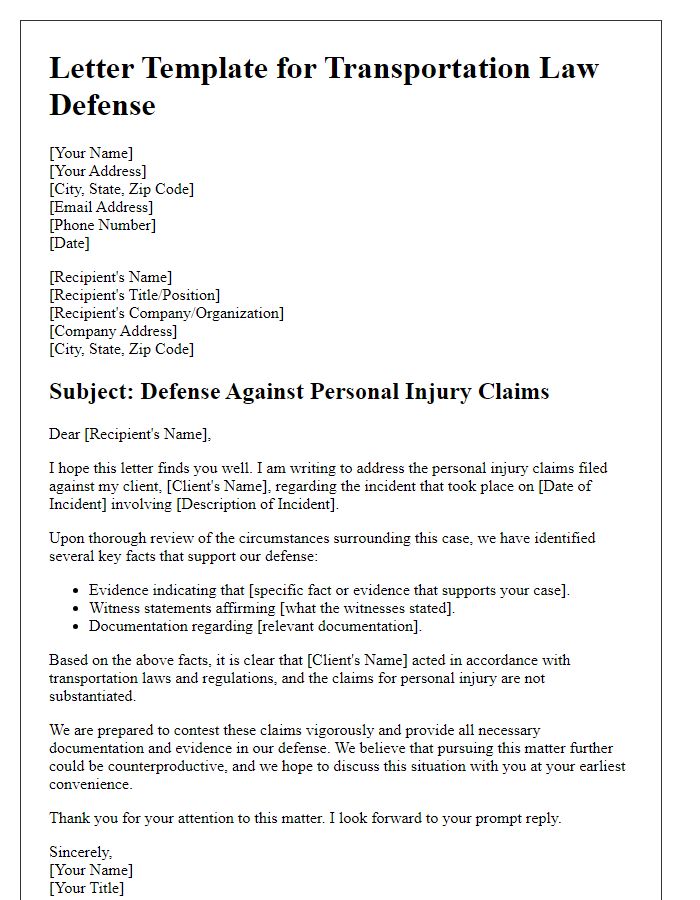 Letter template of transportation law defense for personal injury claims