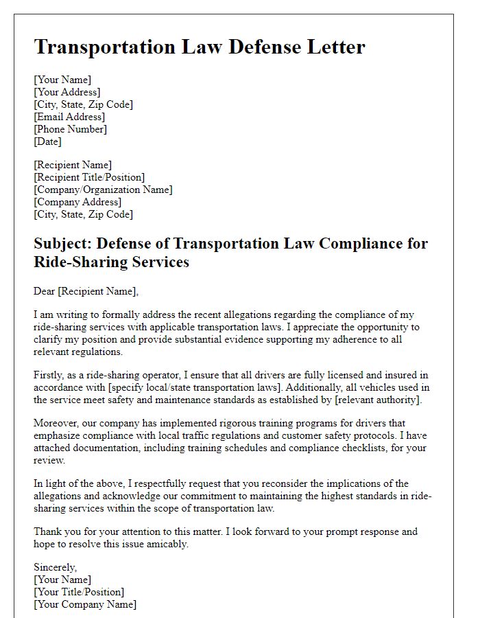 Letter template of transportation law defense for ride-sharing services