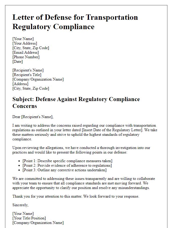 Letter template of transportation law defense for transportation regulatory compliance