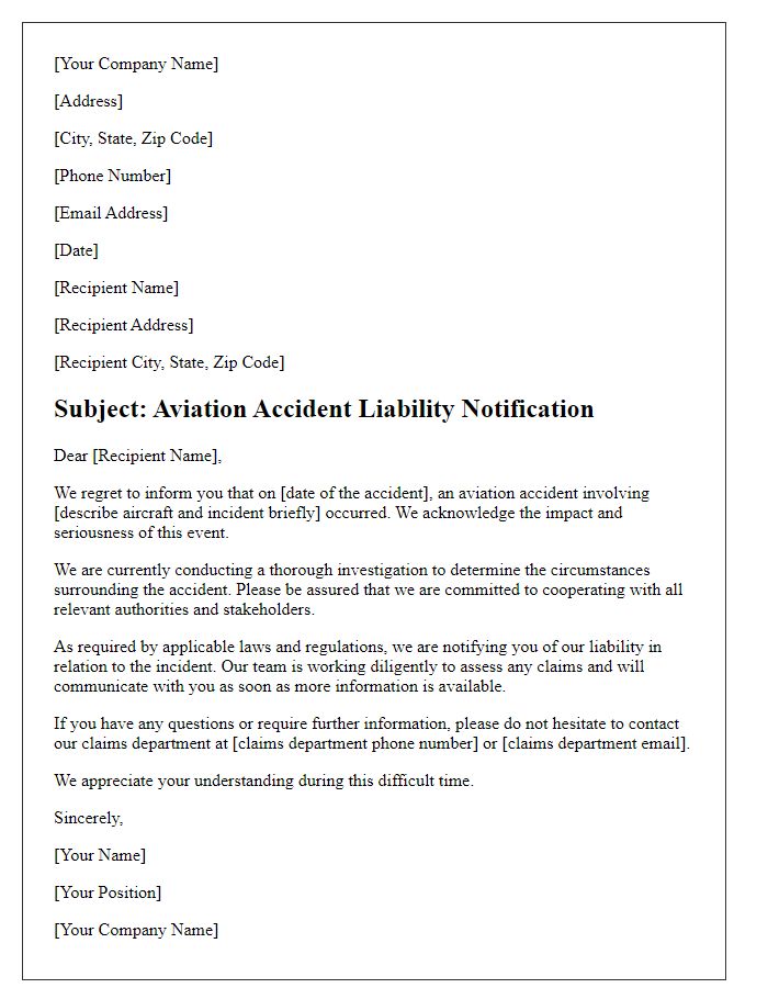 Letter template of aviation accident liability notification