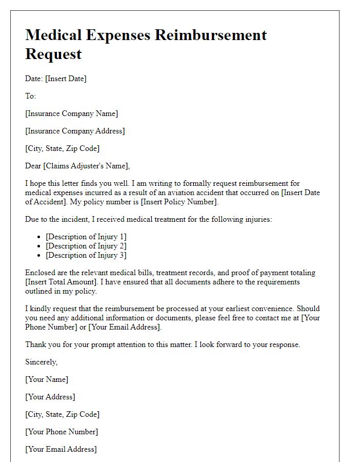 Letter template of aviation accident medical expenses reimbursement