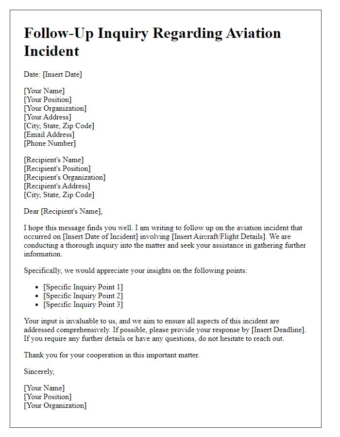 Letter template of aviation incident follow-up inquiry