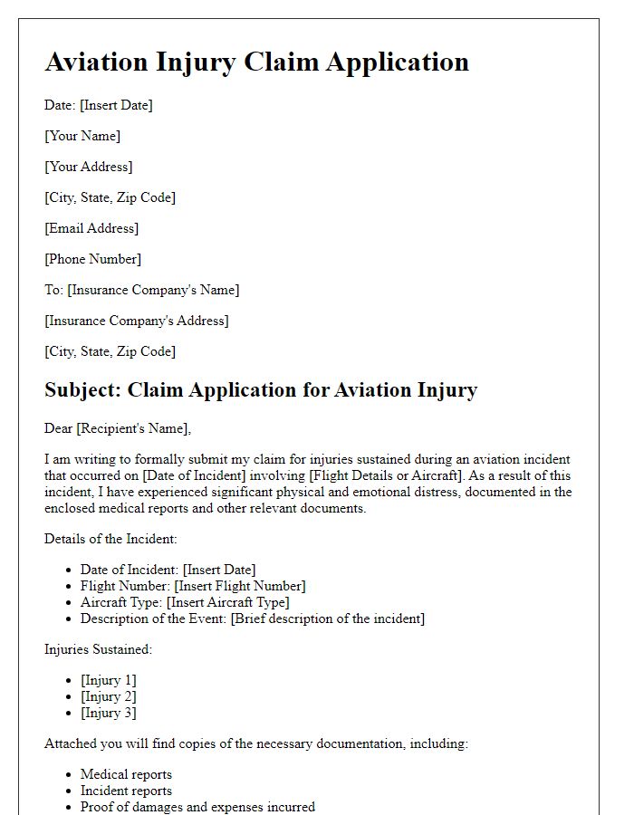 Letter template of aviation injury claim application