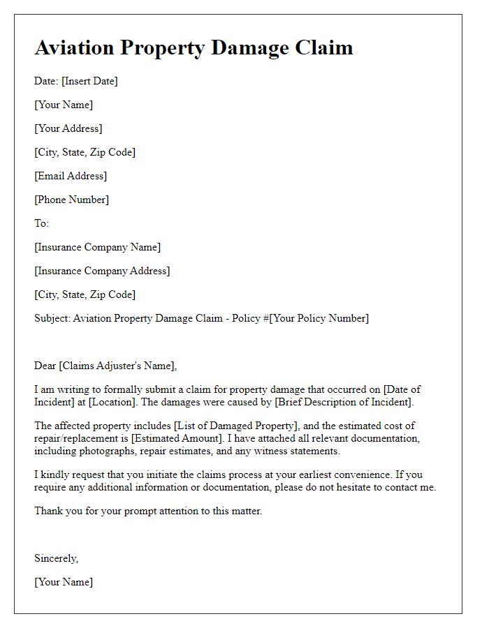 Letter template of aviation property damage claim