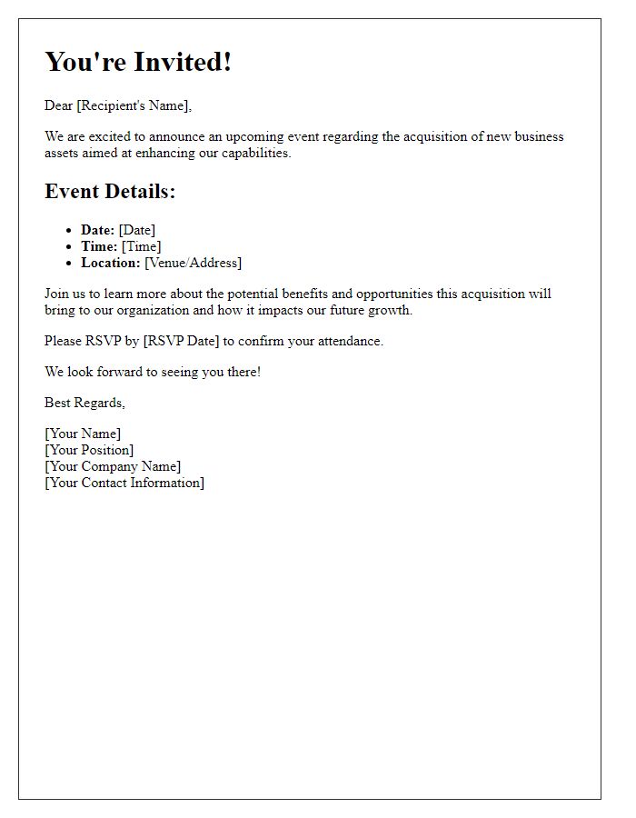 Letter template of business asset acquisition for event invitations.