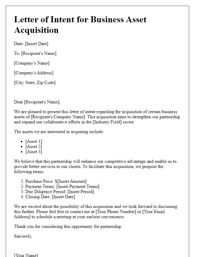 Letter template of business asset acquisition focusing on partnerships.