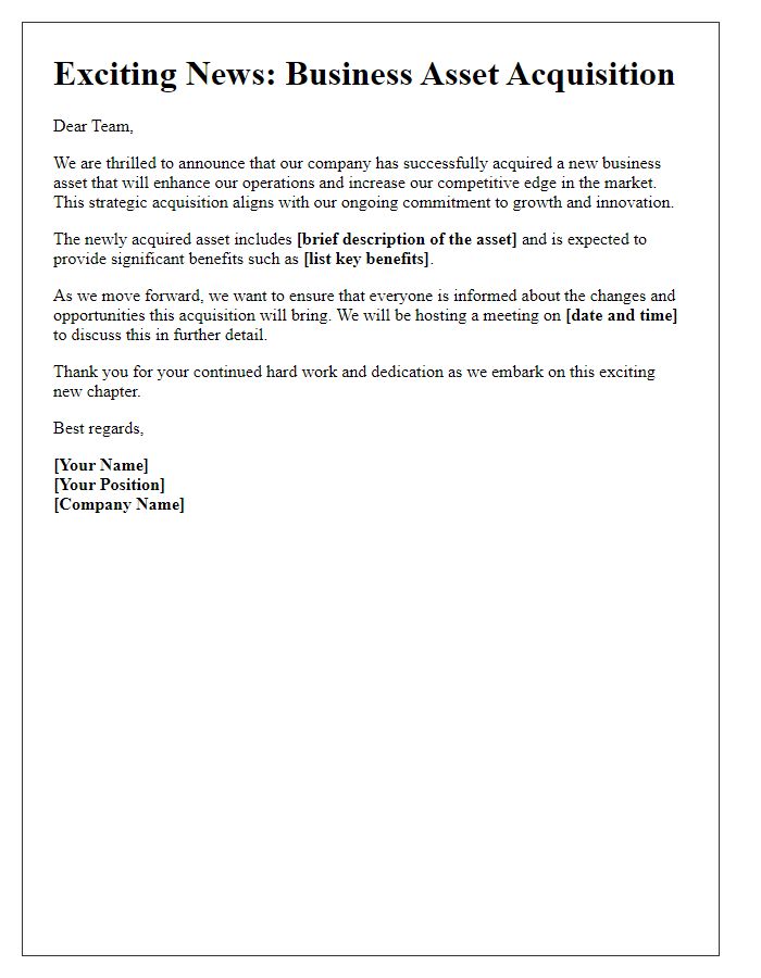 Letter template of business asset acquisition for internal newsletter.