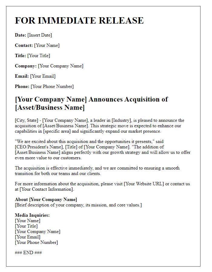 Letter template of business asset acquisition to the press.