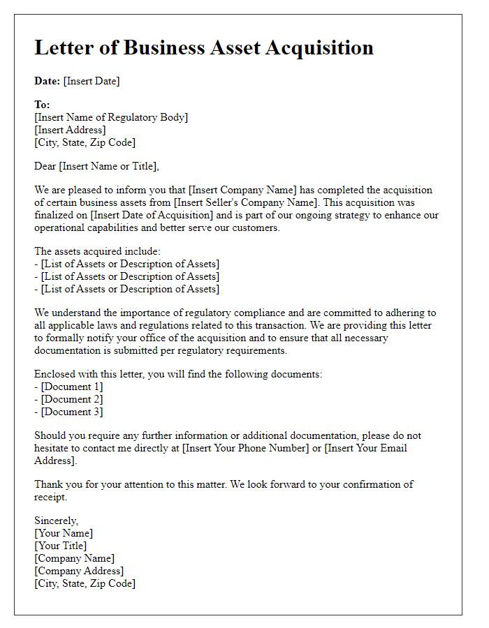 Letter template of business asset acquisition for regulatory bodies.