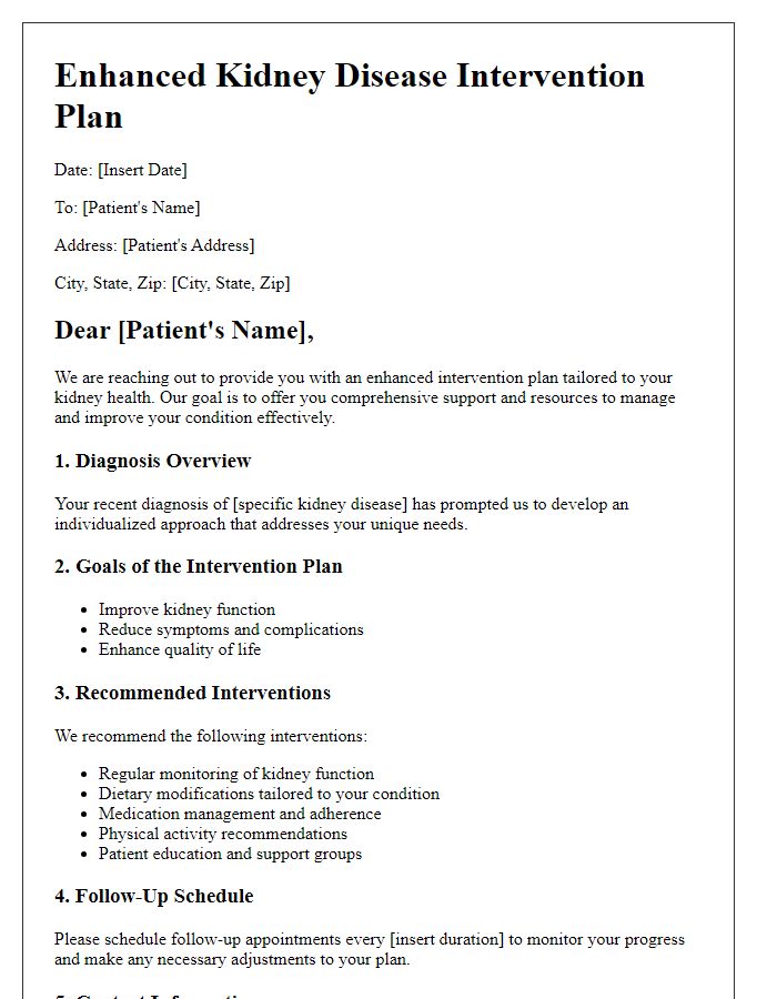 Letter template of enhanced kidney disease intervention plan