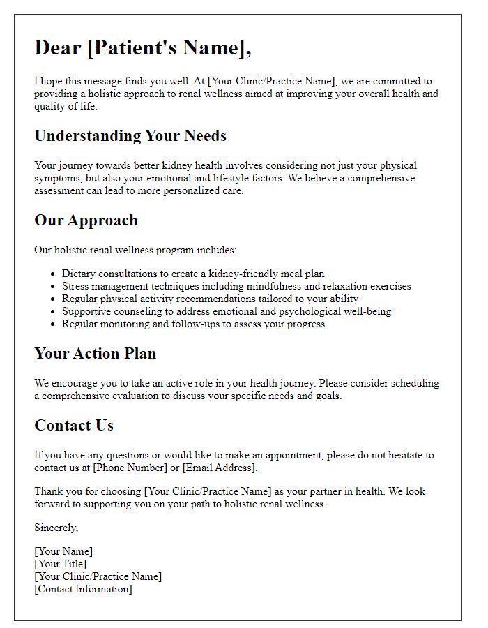 Letter template of holistic renal wellness approach