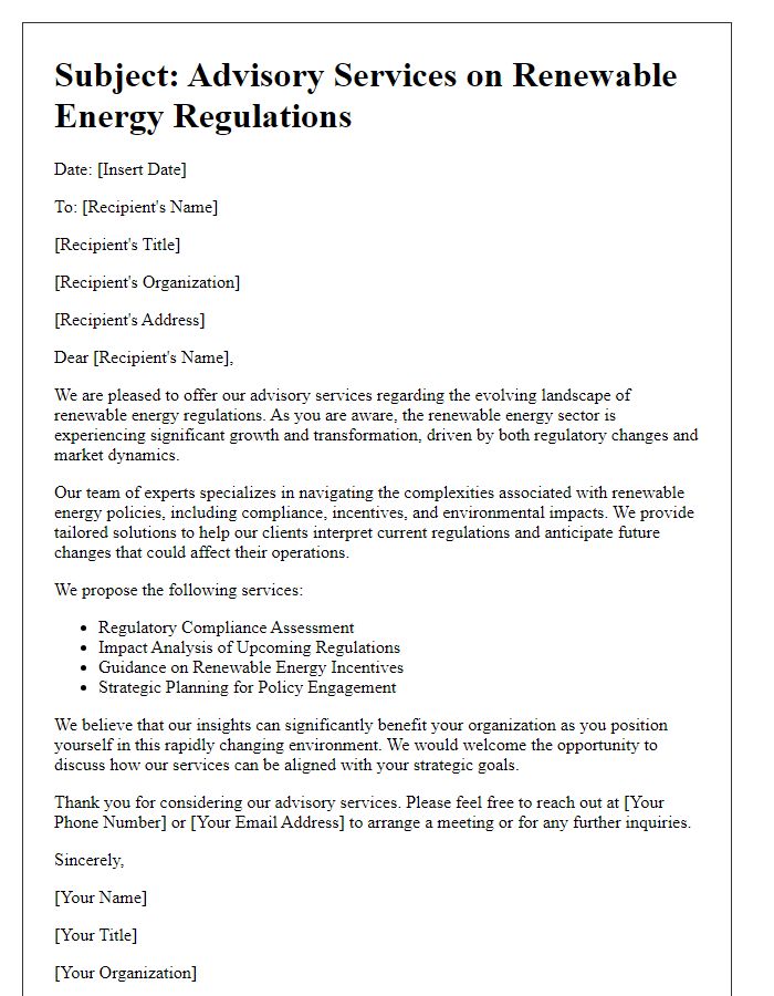 Letter template of advisory services on renewable energy regulations