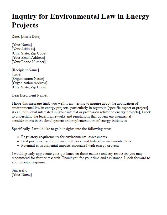 Letter template of inquiry for environmental law in energy projects