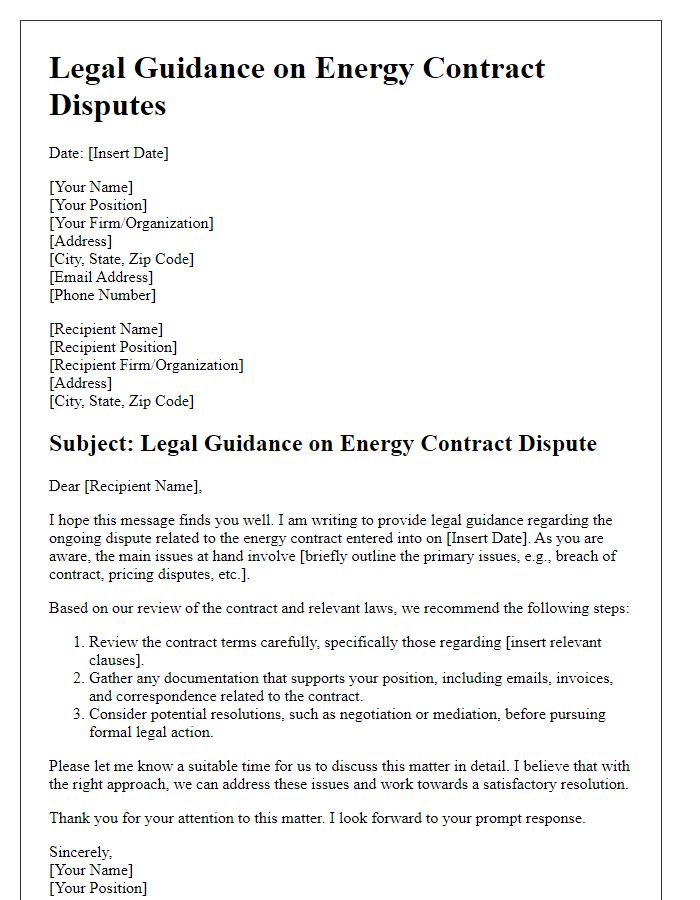 Letter template of legal guidance on energy contract disputes