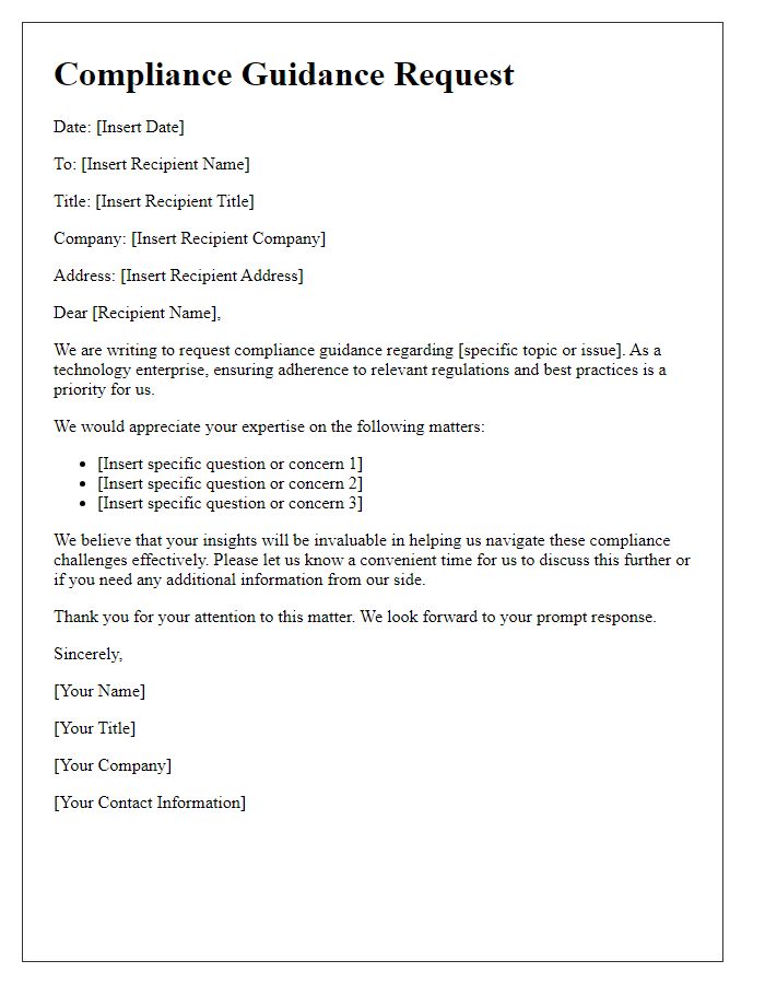 Letter template of compliance guidance request for tech enterprises.