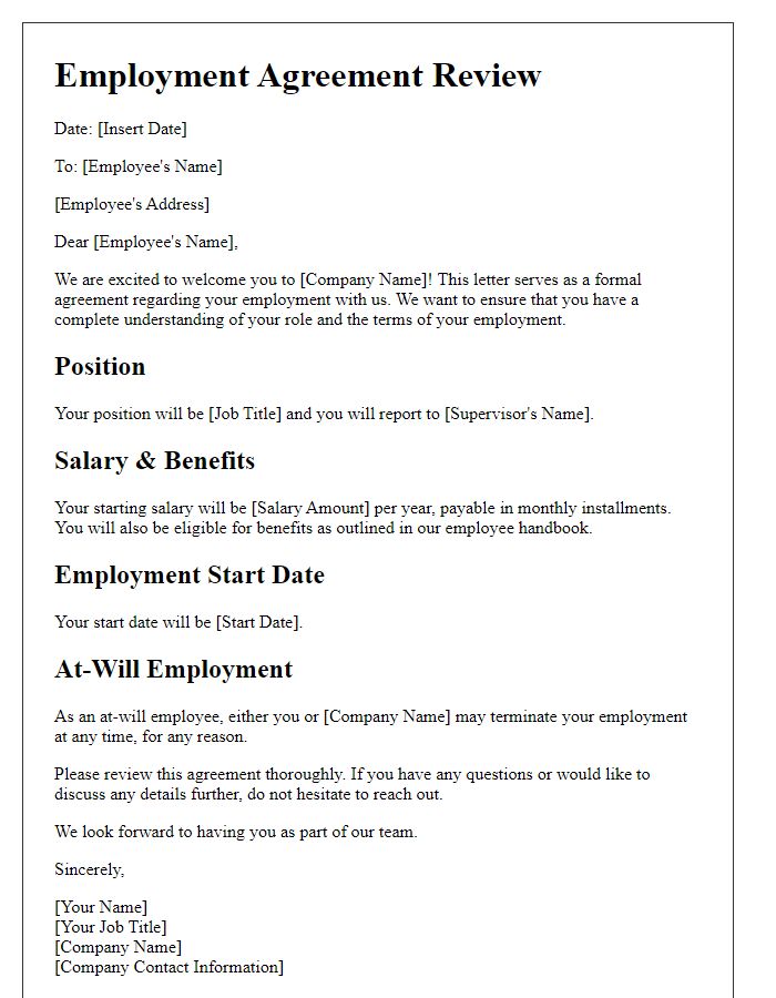 Letter template of employment agreement review for a tech startup.