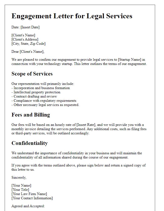 Letter template of engagement letter for legal services in tech startups.