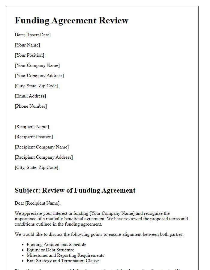 Letter template of funding agreement review for technology startup.