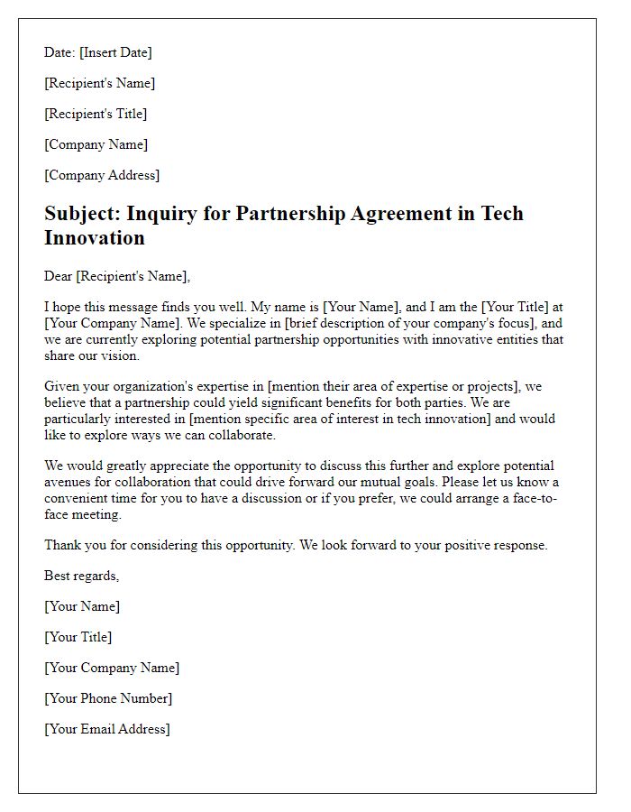 Letter template of partnership agreement inquiry for tech innovation.