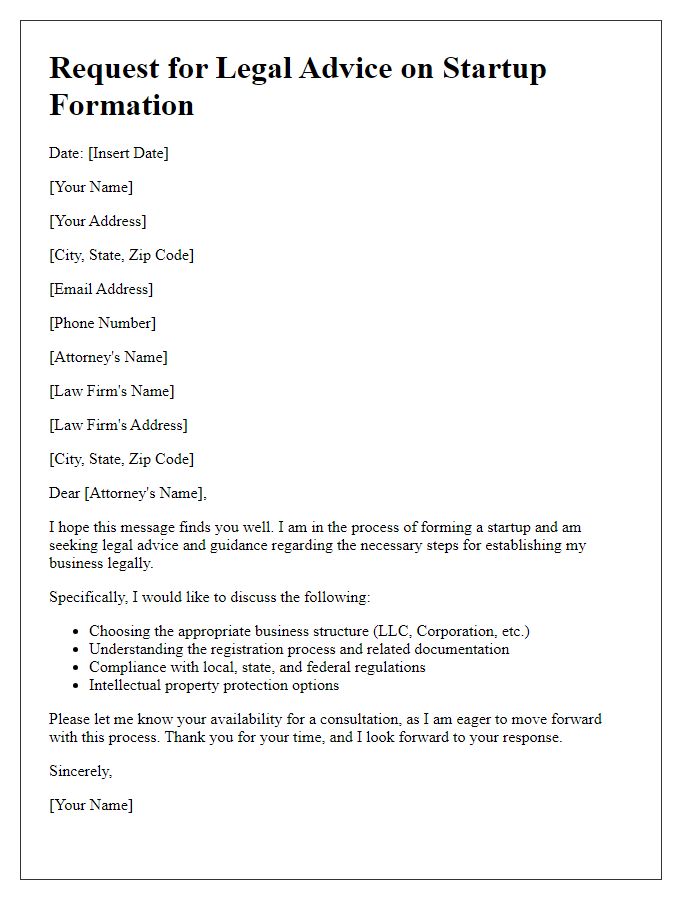 Letter template of startup formation legal advice request.