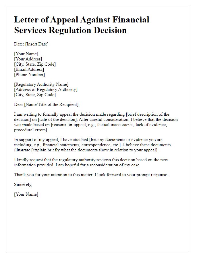 Letter template of appeal against financial services regulation decision.