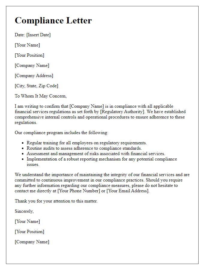 Letter template of compliance for financial services regulation.