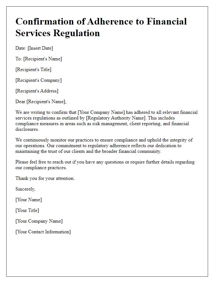 Letter template of confirmation for adherence to financial services regulation.