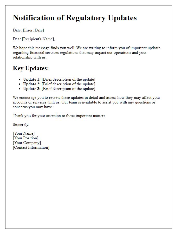 Letter template of notification for financial services regulatory updates.