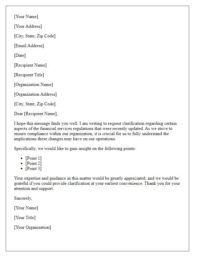 Letter template of request for clarification on financial services regulation.