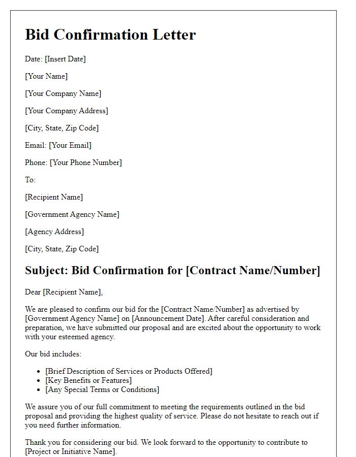 Letter template of bid confirmation for government contract